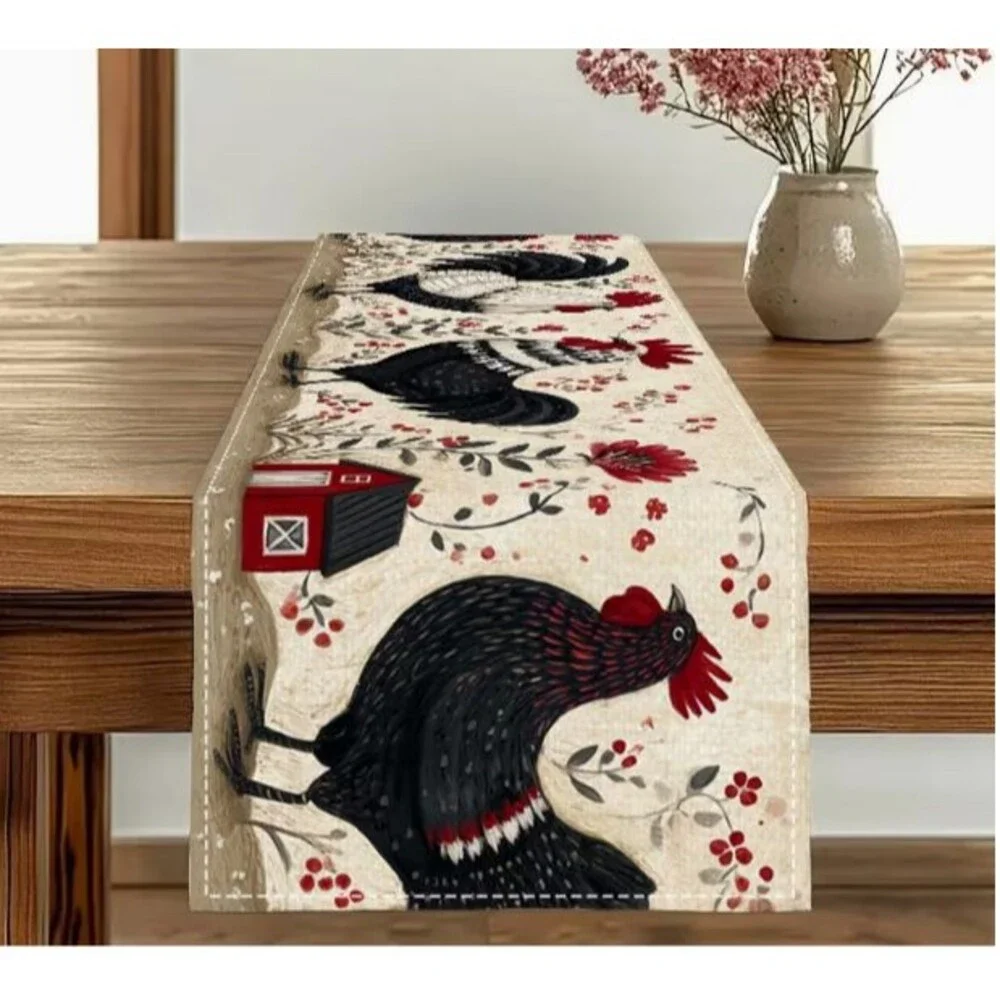 Table Runner 13x72in Woven Polyester Chickens Barn Floral Farm Country